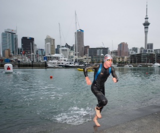 Bevan Docherty out of the water in last year's inaugural IRONMAN 70.3 Auckland. 